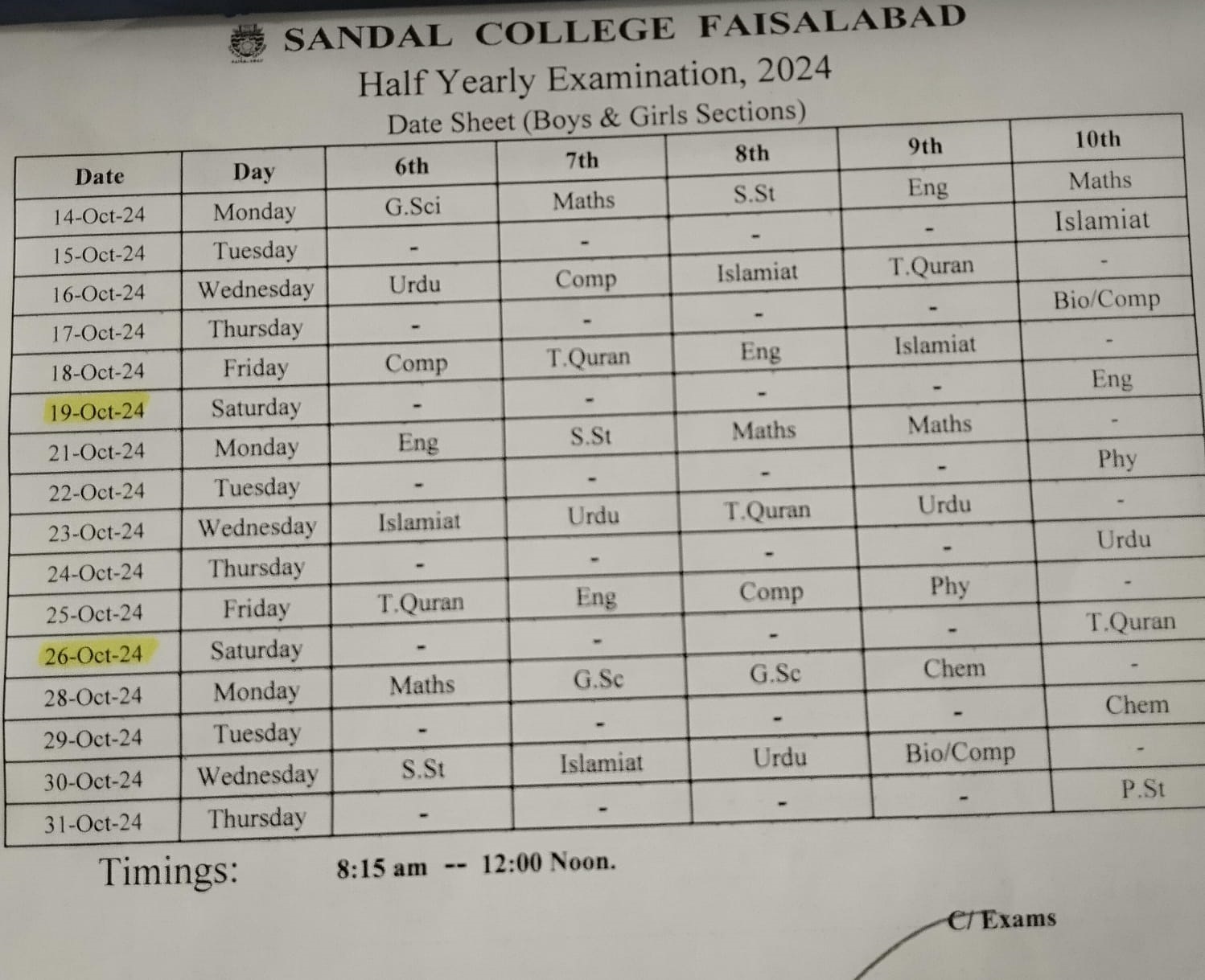 Date Sheet Half Yearly Examination, 2024